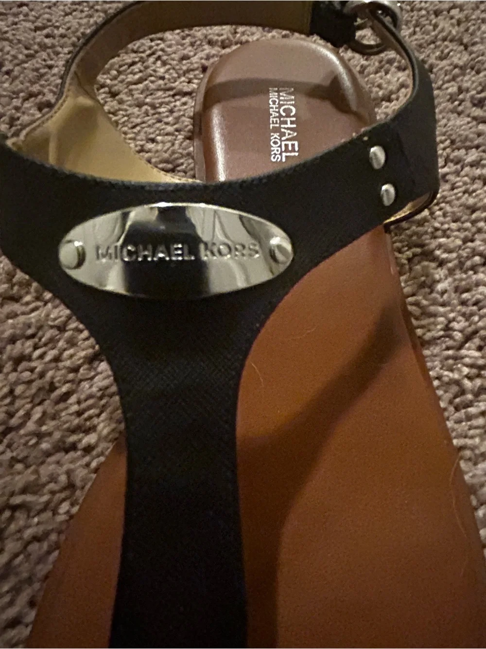 Michael Kors Women’s Black T-StrapFlat Sandals Silver Logo Buckle (Size 9)